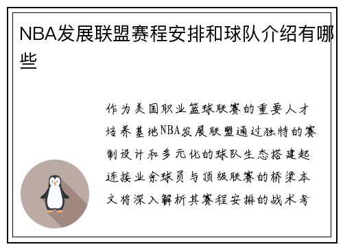 NBA发展联盟赛程安排和球队介绍有哪些